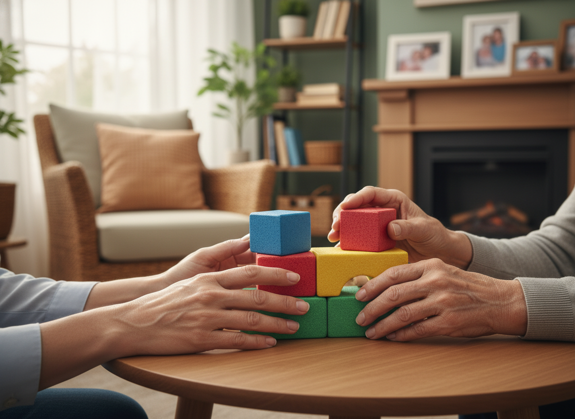 Occupational therapist demonstrating fine motor exercise to elderly patient