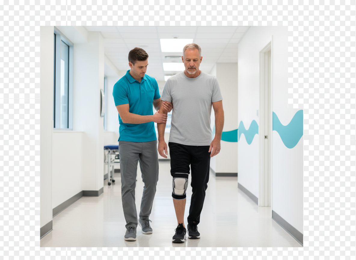 Patient recovering post-surgery with therapist assistance