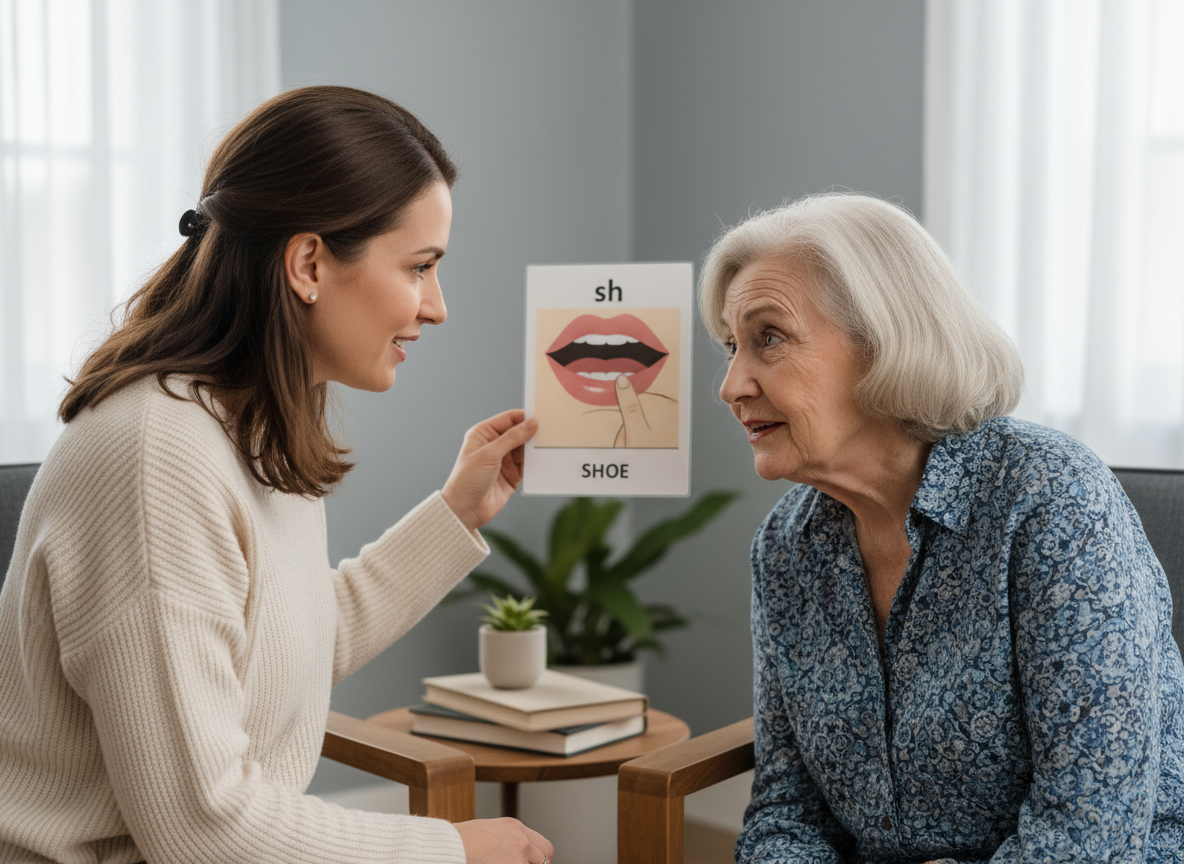 Speech therapist engaged in session with elderly patient